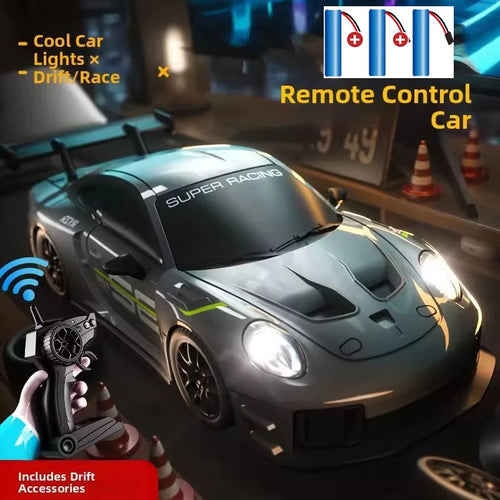 Coche RC derrape gris oscuro con control remoto y luces frontales