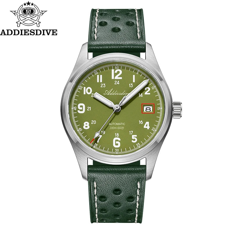 Reloj automático para hombre ADDIESDIVE NH35, reloj de lujo con cristal de zafiro, correa de cuero o acero inoxidable, luminiscencia BGW9 y resistencia al agua de 200 m