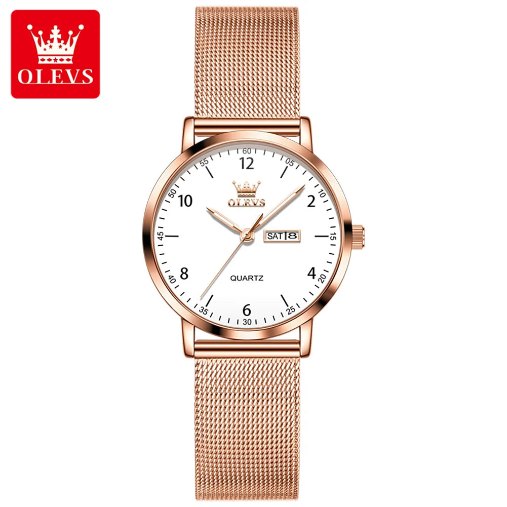 Relojes OLEVS para mujer, correa de acero de malla, reloj de pulsera de cuarzo con esfera digital de moda, fecha, día, impermeable, reloj elegante para dama 2996