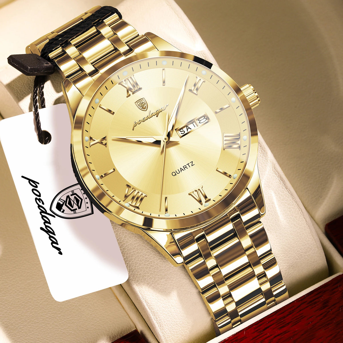Reloj de pulsera para hombre POEDAGAR de moda, luminoso, impermeable, de acero inoxidable, con fecha y día, de cuarzo para negocios