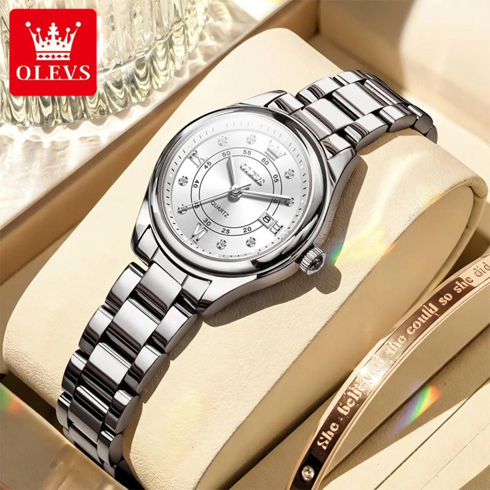 OLEVS Original Elegant Women Quartz Watch Stainless Steel Waterproof Luminous Chronograph Date Ladies' Watch Gifts Box NO.5683