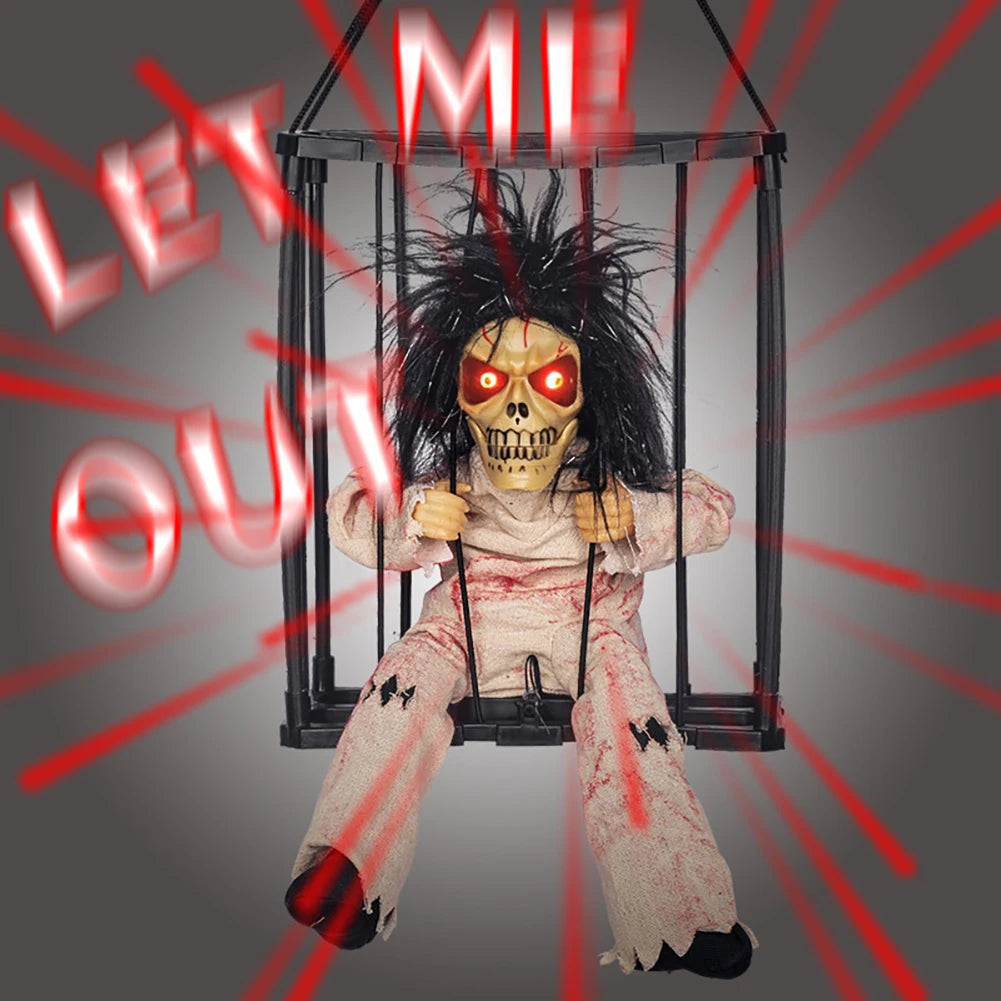 Juguete de fantasma colgante para Halloween, sensor de movimiento, ojos LED, fantasma en jaula de prisionero aterrador, funciona con pilas, activado por voz, gritos espeluznantes, decoración de zombi