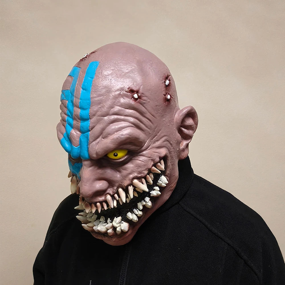 Game Mortal Kombat 11 Baraka Cosplay Mask Adults Blue Stripe Fanged Demon Latex Mask Horror Full Head Helmet Costume Accessory