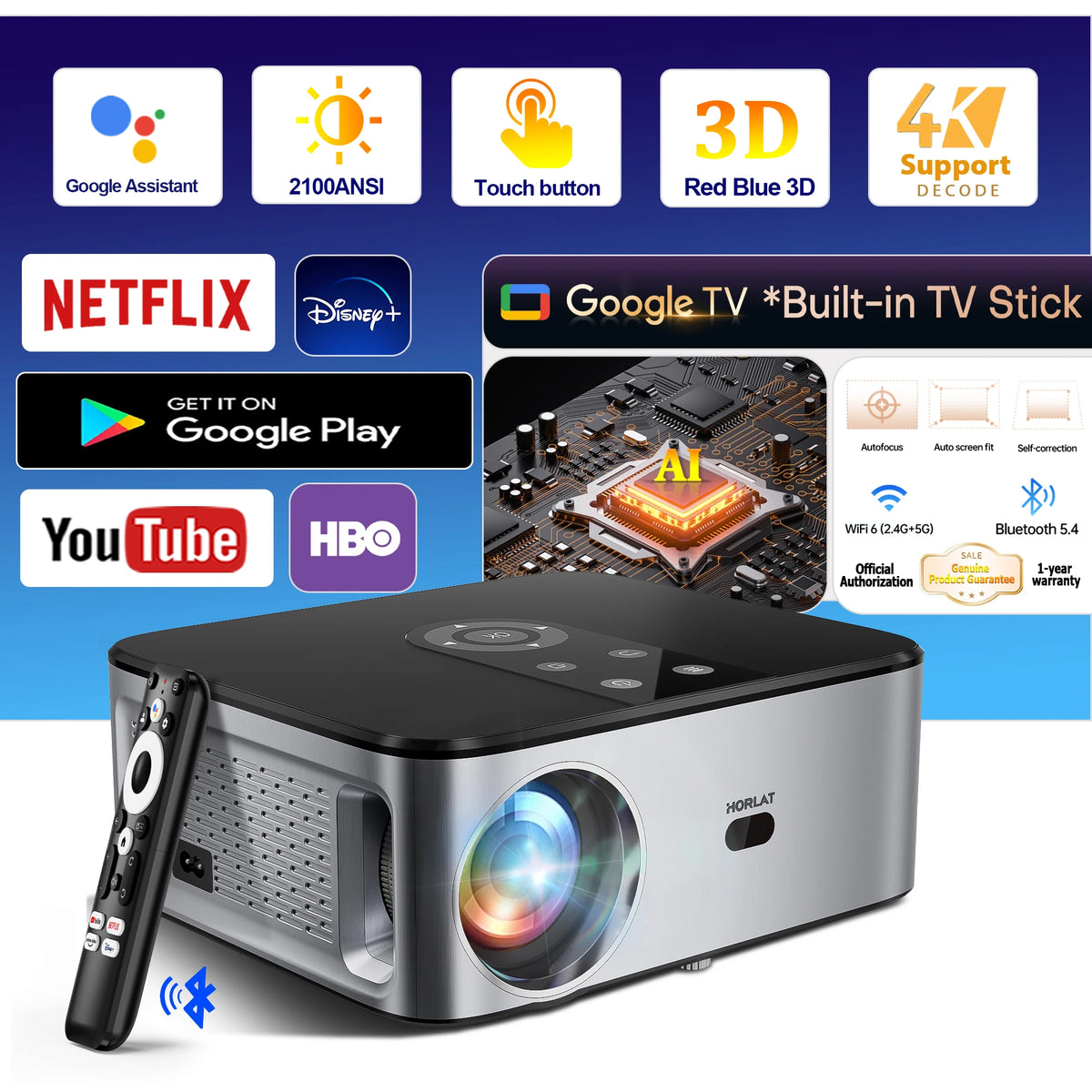 Proyector HORLAT de carcasa gris oscuro con lente frontal y control remoto negro