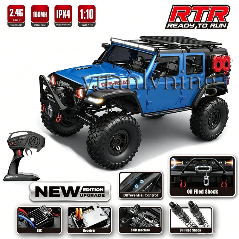 Coche RC 1/10 vehículo a control remoto 2.4G rock crawler de escala completa, camión todoterreno 4WD para escalar con luz LED