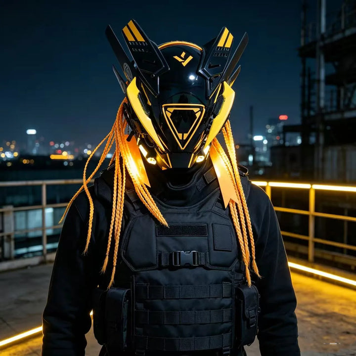 Cyberpunk máscara futurista Techwear, decoración de casco de Cosplay de Halloween con trenza ligera y sucia, Caballero de estilo guerrero japonés Sty