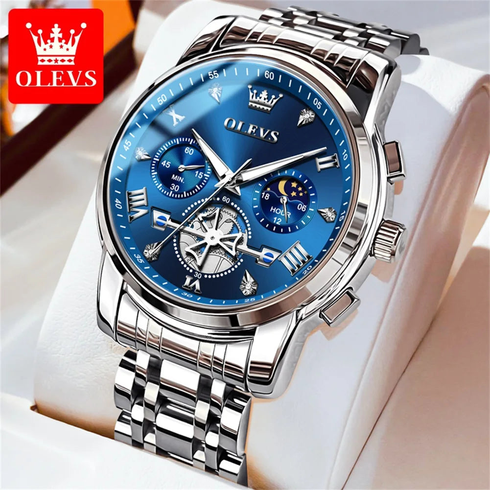 Relojes de cuarzo OLEVS 2856 para hombre, diseño de volante de moda, cronógrafo, resistente al agua, luminoso, calendario, fase lunar, relojes de pulsera para hombre