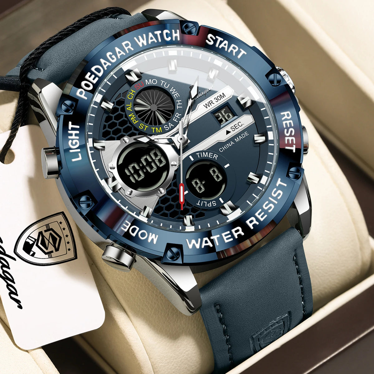 Reloj de hombre POEDAGAR Top Fashion, impermeable, electrónico, LED, de lujo, con pantalla de hora dual, digital, de cuarzo y correa de piel