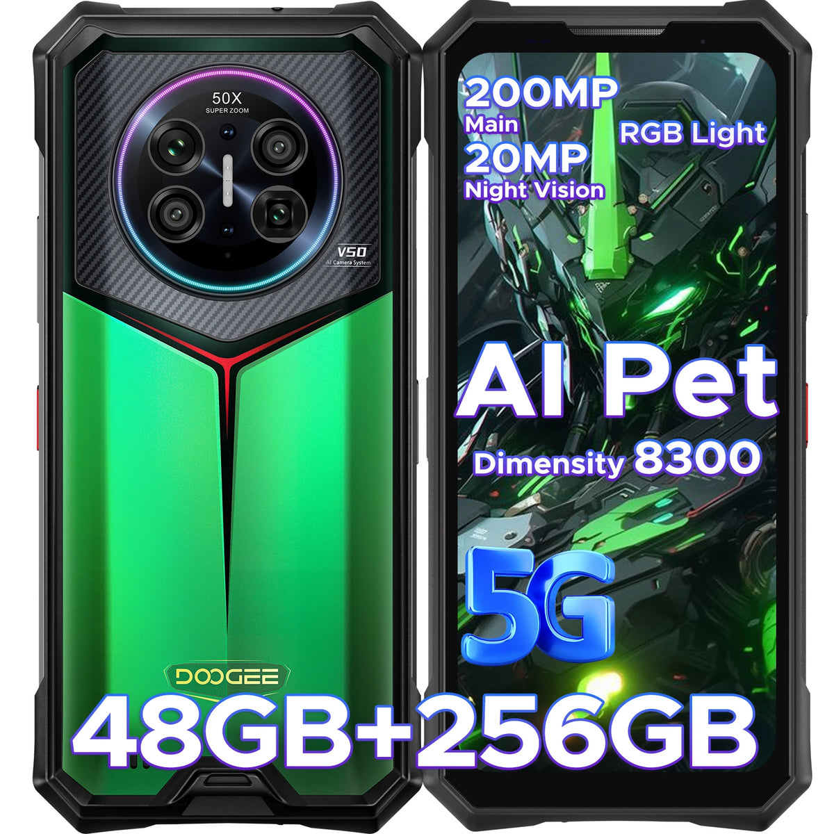 Teléfono resistente DOOGEE V50 AI 5G 52 GB de RAM (16+36) 512 GB de ROM, Dimensity 8300, cámara de 200 MP, cámara de visión nocturna de 20 MP, Android 16, compatible con Walkie Talkie y luz ambiental RGB