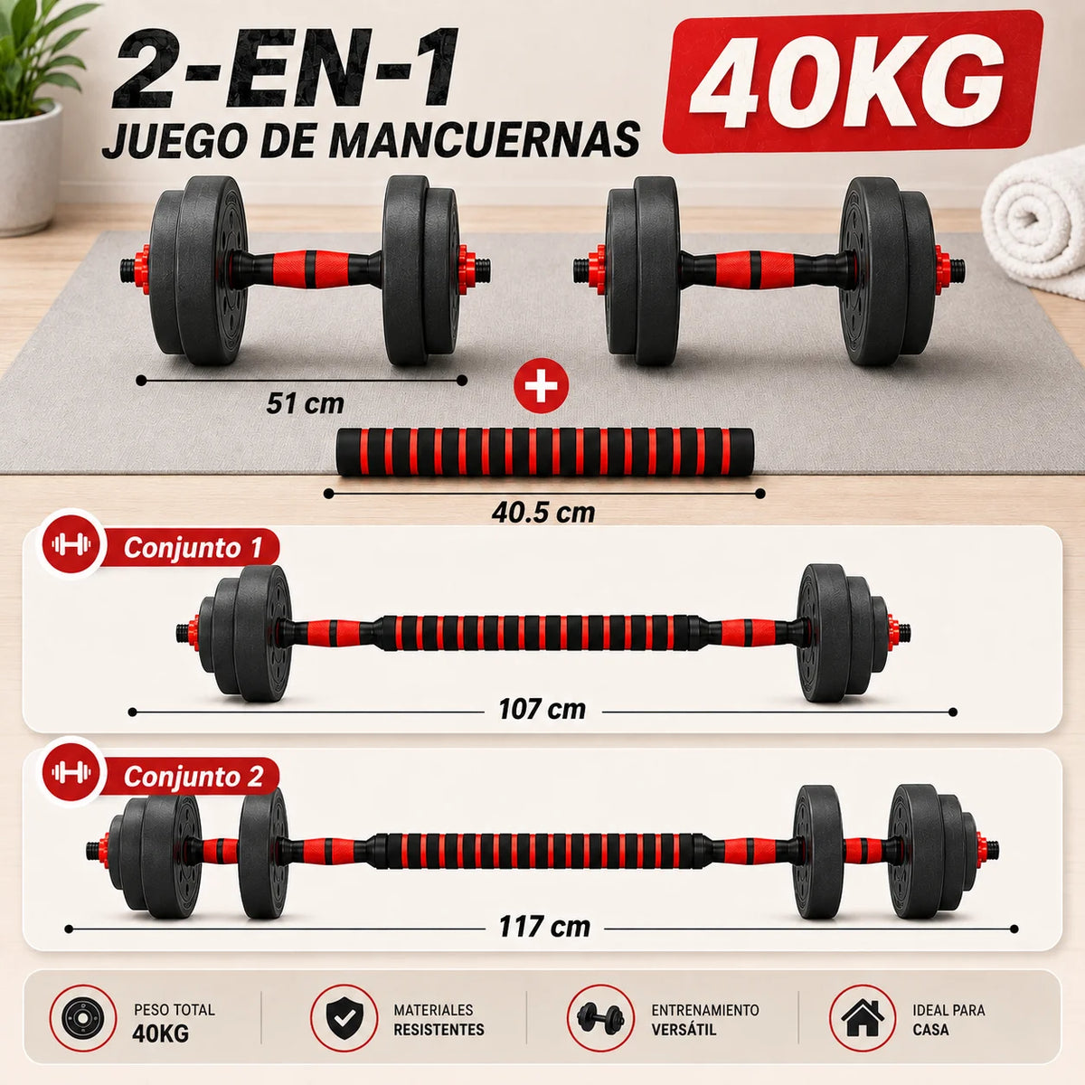 Mancuernas y Kit de Pesas 10kg 15kg 20kg 30kg 40kg, Juego de Pesas 2 en 1 con Barra Recta y Discos Recubiertos, Mancuernas para Fitness en Casa, Musculación, Entrenamiento de Fuerza, Ejercicios de Gimnasio y Deportivo