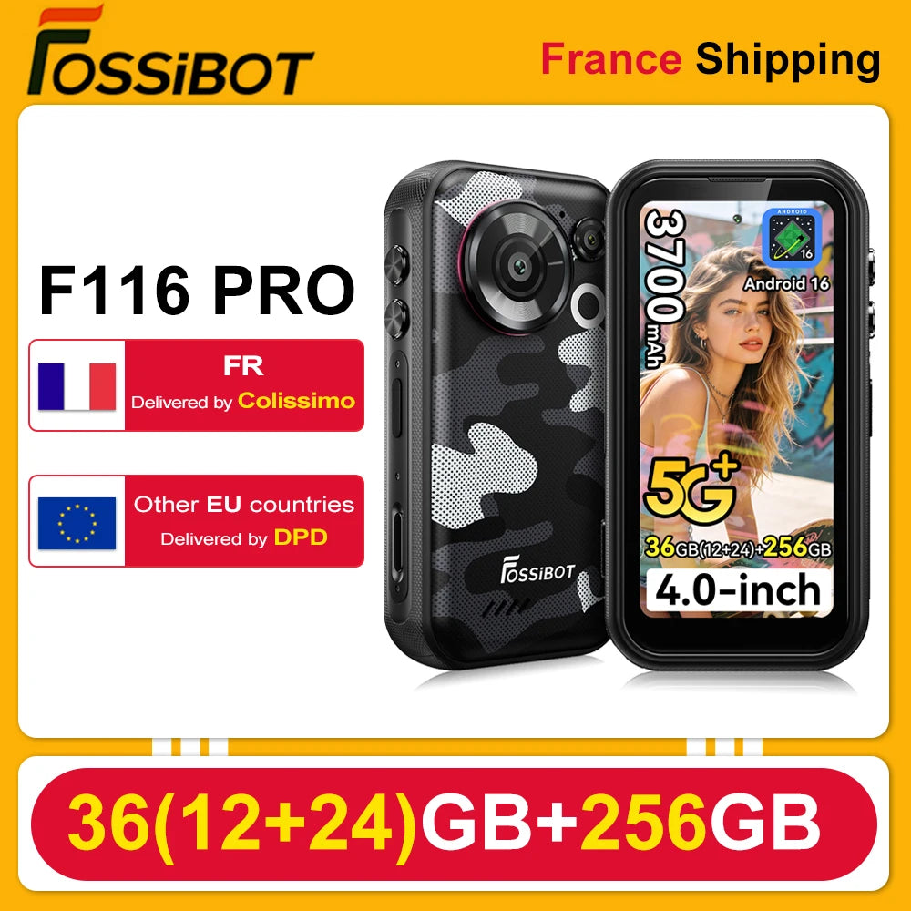 Teléfono resistente Fossibot F116 Pro 5G 36(12+24)GB+256GB, pantalla mini de 4 pulgadas, batería de 3700mAh, 33W, Dimensity 7300, 12GB+256GB, Android 16, cámara de acción gran angular de 152.6°, 50MP+48MP+32MP