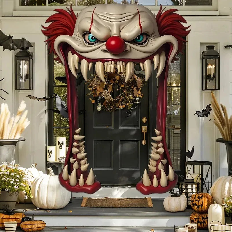 Cortina de puerta de payaso espeluznante de Halloween con boca grande abierta, decoración de terror para puerta principal de casa embrujada, fiesta de Halloween
