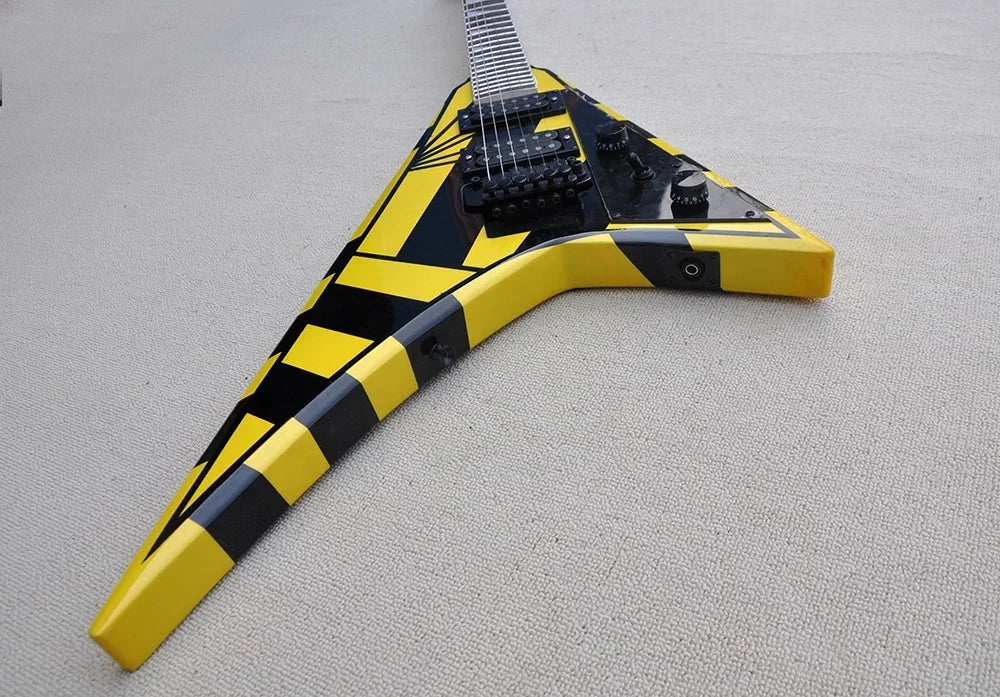 Guitarra Eléctrica Negra y Amarilla en Forma de V, Precio Especial, Hecha a Medida