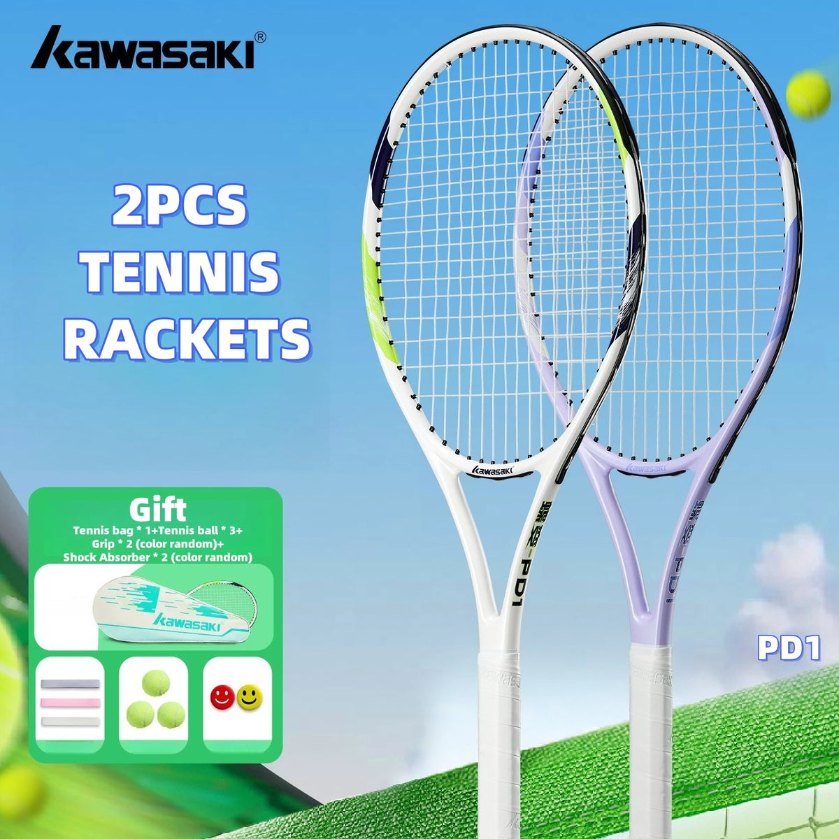 Juego de raquetas de tenis ligeras Kawasaki, juego de raquetas compuestas de carbono KD1 y PD1, juego de entrenamiento profesional para principiantes para hombres y mujeres