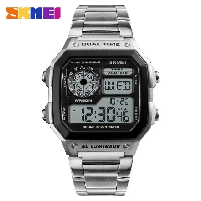 Reloj digital SKMEI 1335 para hombre, deportivo retro, resistente al agua, cronógrafo, reloj de pulsera electrónico, reloj de acero inoxidable para hombre