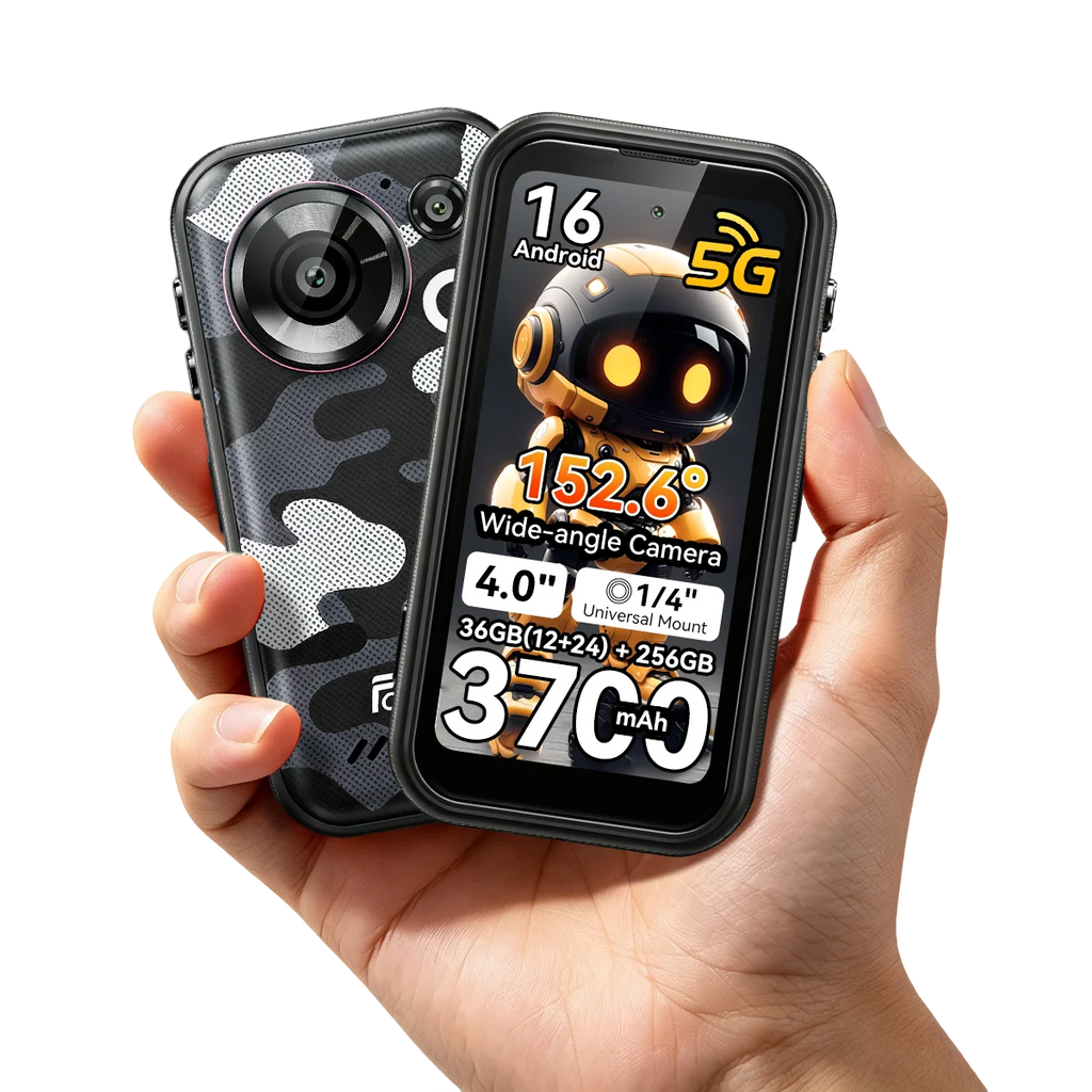 FOSSiBOT F116 Pro 5G Mini Rugged Phone Dimensity 7300, 36GB(12+24)+256GB, 4" HD Screen, 3700mAh 33W Charge, Android 16, 152.6° Wide Angle 50MP+48MP OIS+32MP, IP68, LED Light, One-Click Video, Fashion Business Outdoor Cell Ph