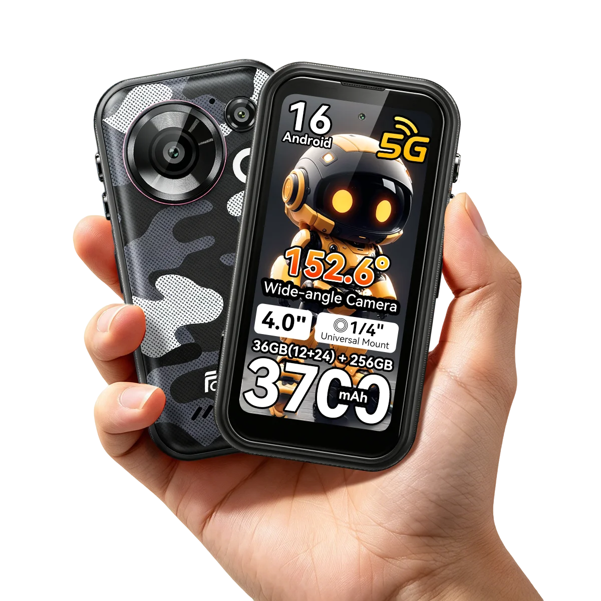 FOSSiBOT F116 Pro 5G Mini Rugged Phone Dimensity 7300, 36GB(12+24)+256GB, 4" HD Screen, 3700mAh 33W Charge, Android 16, 152.6° Wide Angle 50MP+48MP OIS+32MP, IP68, LED Light, One-Click Video, Fashion Business Outdoor Cell Ph