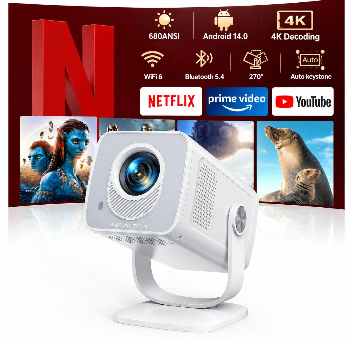 Proyector Inteligente 4K Mini Toptro, Wifi, Android 14.0, Enfoque Automático, Corrección Trapezoidal, Cine en Casa, Proyector Portátil Full HD para Exteriores