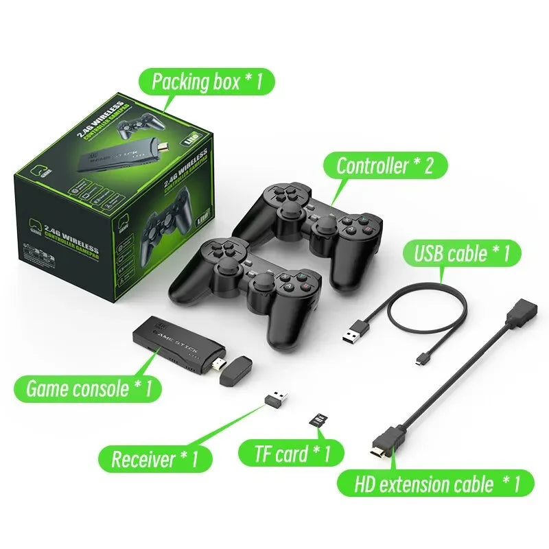 Caja de consola retro con dos mandos, cable USB y extensiones HD