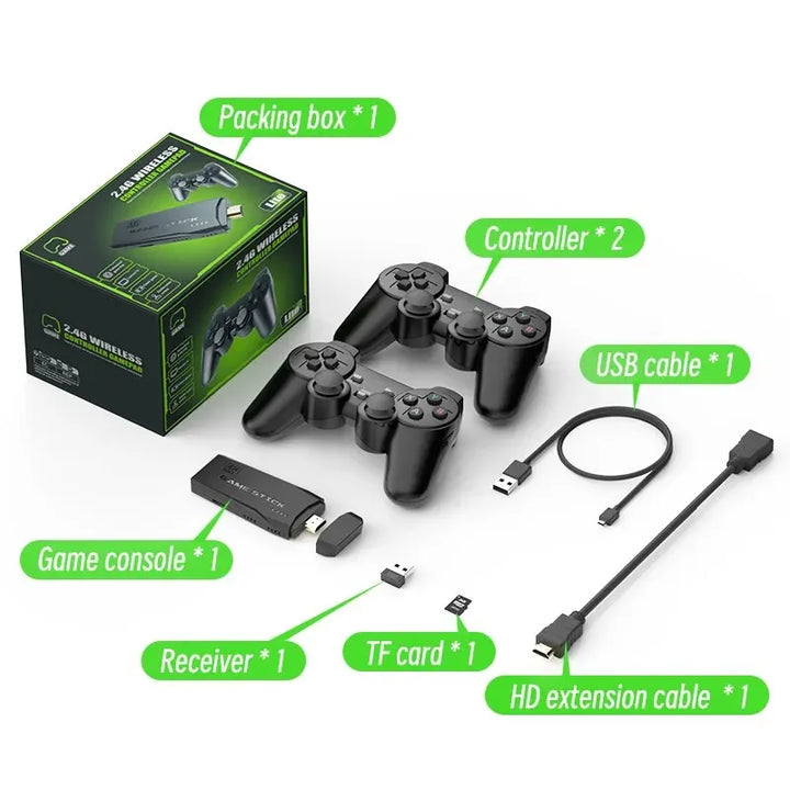 Caja de consola retro con dos mandos, cable USB y extensiones HD