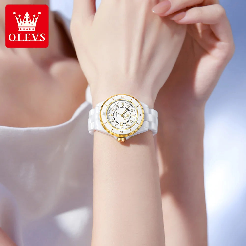Relojes OLEVS 5658 de tendencia casual para mujer, correa de cerámica blanca pura, reloj de pulsera de cuarzo original de marca líder, resistente al agua, luminoso