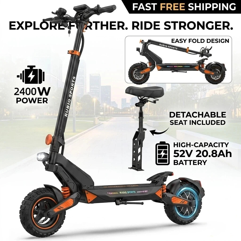 Patinete eléctrico negro con asiento desmontable, ruedas de 11" y freno de disco hidráulico