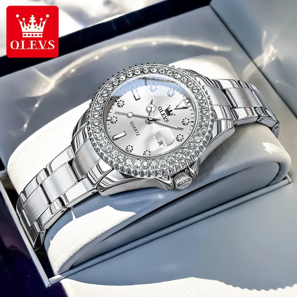 Relojes originales elegantes para mujer OLEVS 9945, reloj de cuarzo, resistente al agua, luminoso, con fecha automática, reloj para dama, regalo, bisel con diamantes