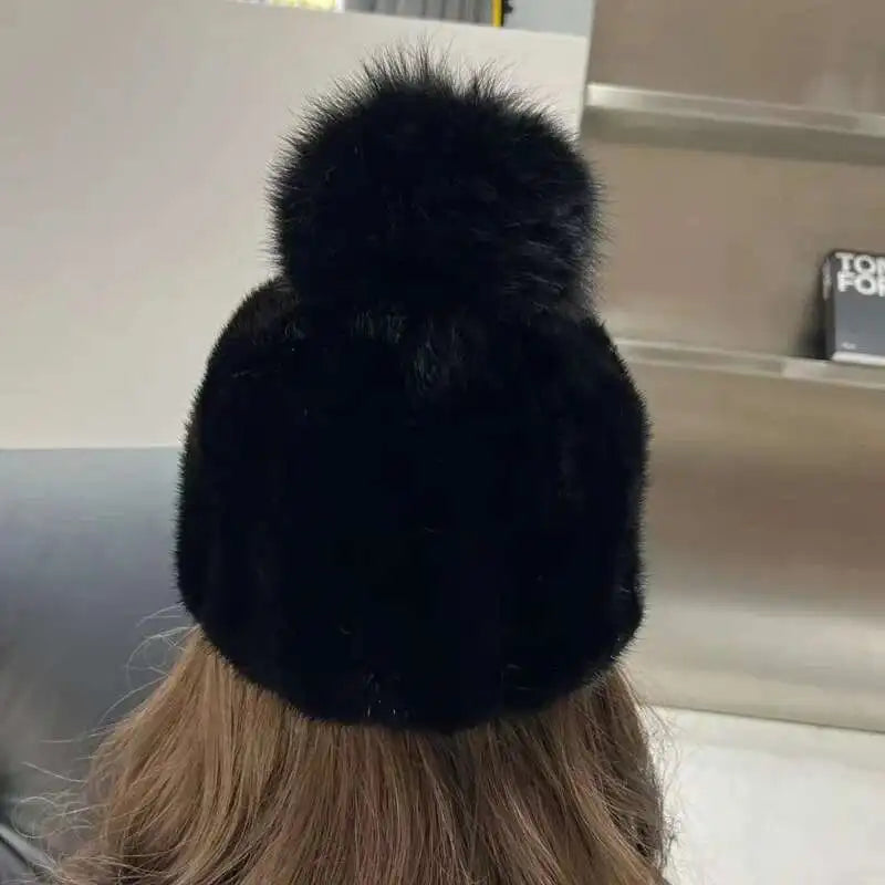Gorro de piel de visón auténtica para mujer, gorro informal de pico de pato con bola de piel de zorro, gorro de caballero tejido a la moda, gorros de béisbol de piel auténtica gruesa