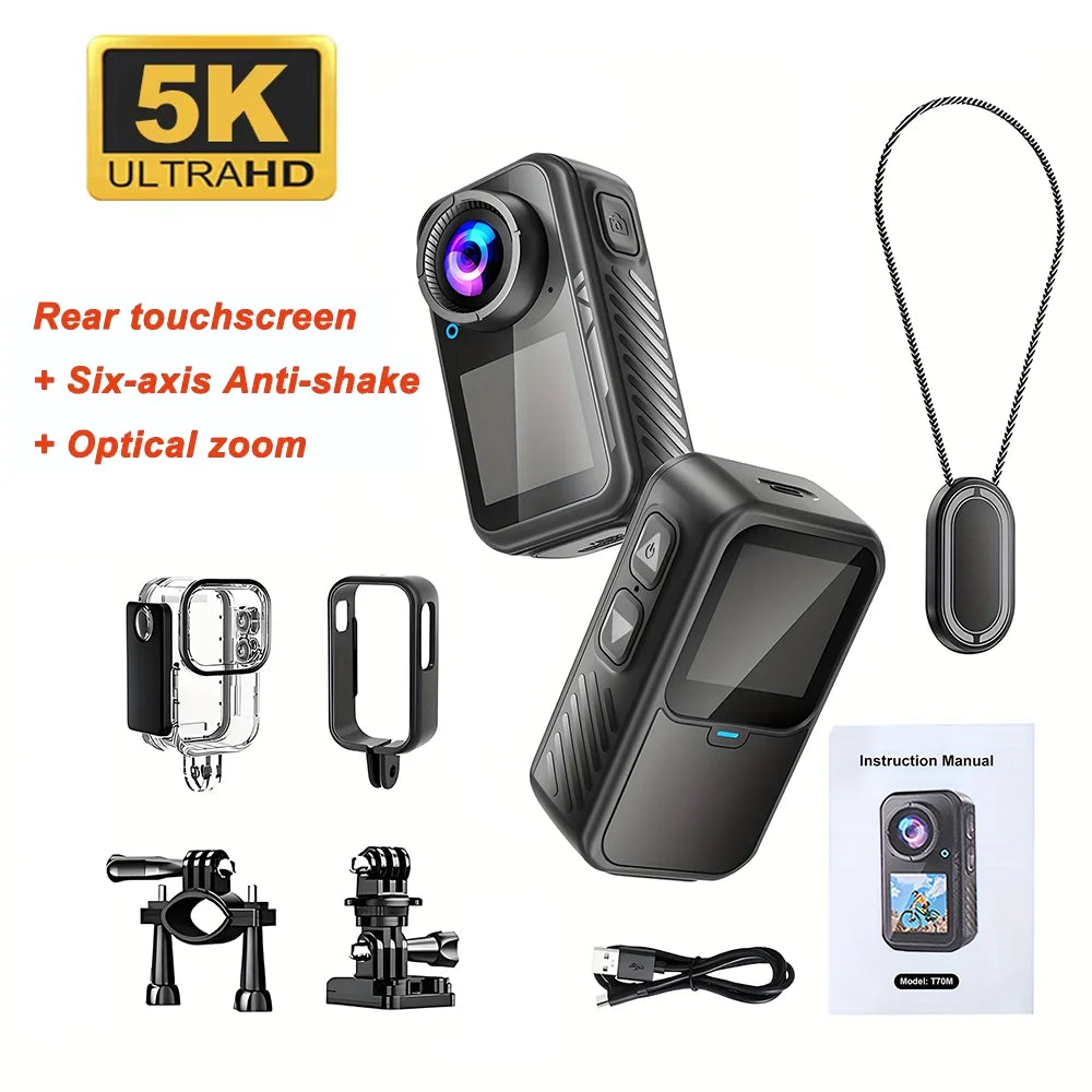 Cámara de Acción WiFi 5K 4K 60FPS, Cámara de Bolsillo Magnética con Pantalla Táctil, Estabilización de 6 Ejes, Cámara Deportiva Impermeable para Vlog
