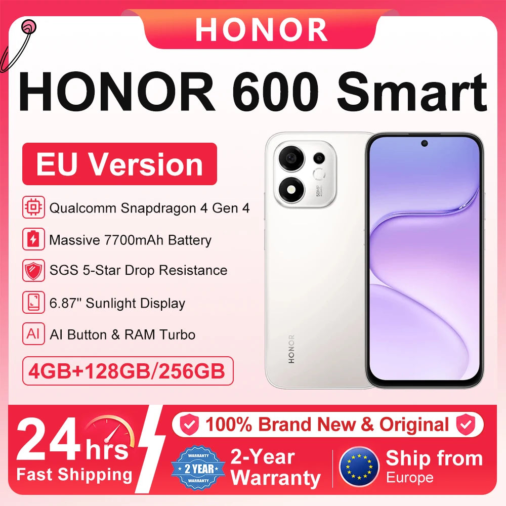 Smartphone Honor 600 Smart 5G Versión UE, batería de 7700 mAh, carga rápida de 45W, Snapdragon 4 Gen4, MagicOS 10, pantalla de 6,87", cámara trasera de 50 MP
