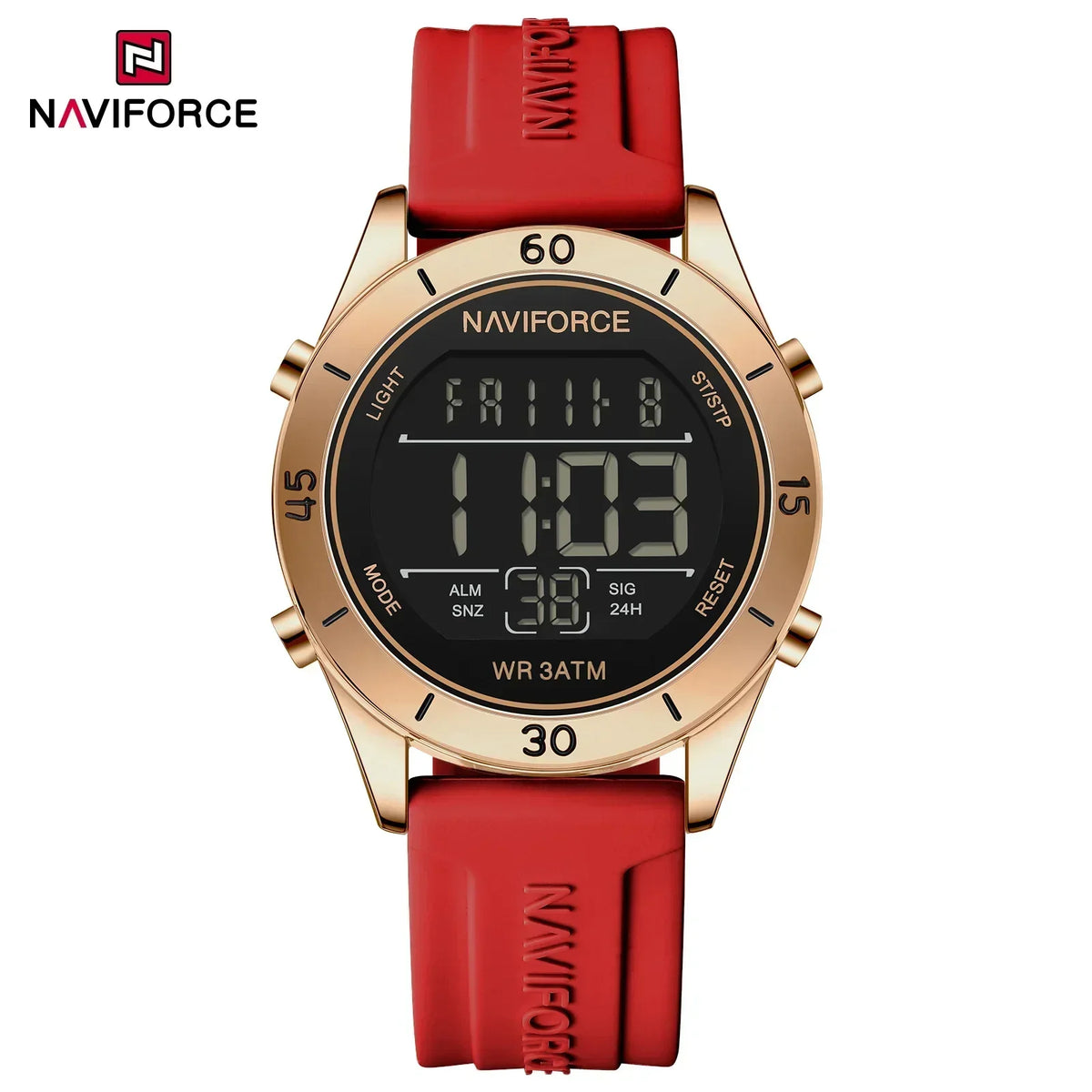 Reloj digital electrónico de moda para mujer NAVIFORCE con cronógrafo LED, luminoso, resistente al agua 5ATM y correa de silicona deportiva