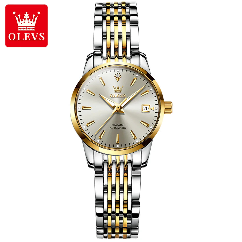 Reloj mecánico para mujer OLEVS 6635, reloj de pulsera elegante de lujo sencillo, reloj automático con calendario y resistente al agua de acero inoxidable