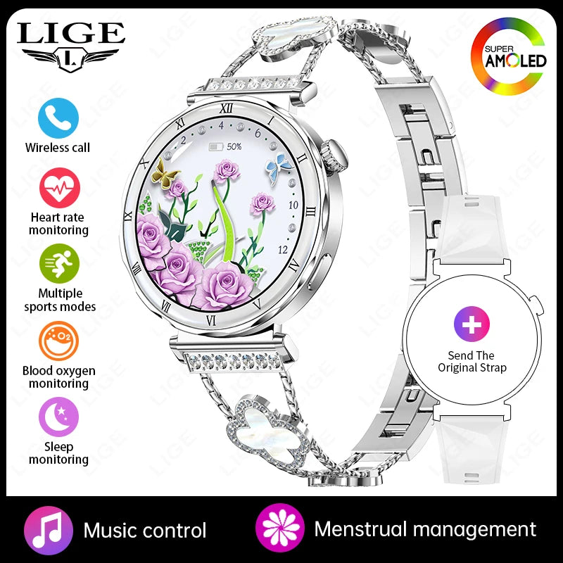 Reloj inteligente LIGE con pantalla AMOLED HD ultra delgada de 1.19", rastreador de ejercicios, llamadas Bluetooth, monitor de frecuencia cardíaca y resistente al agua para mujeres