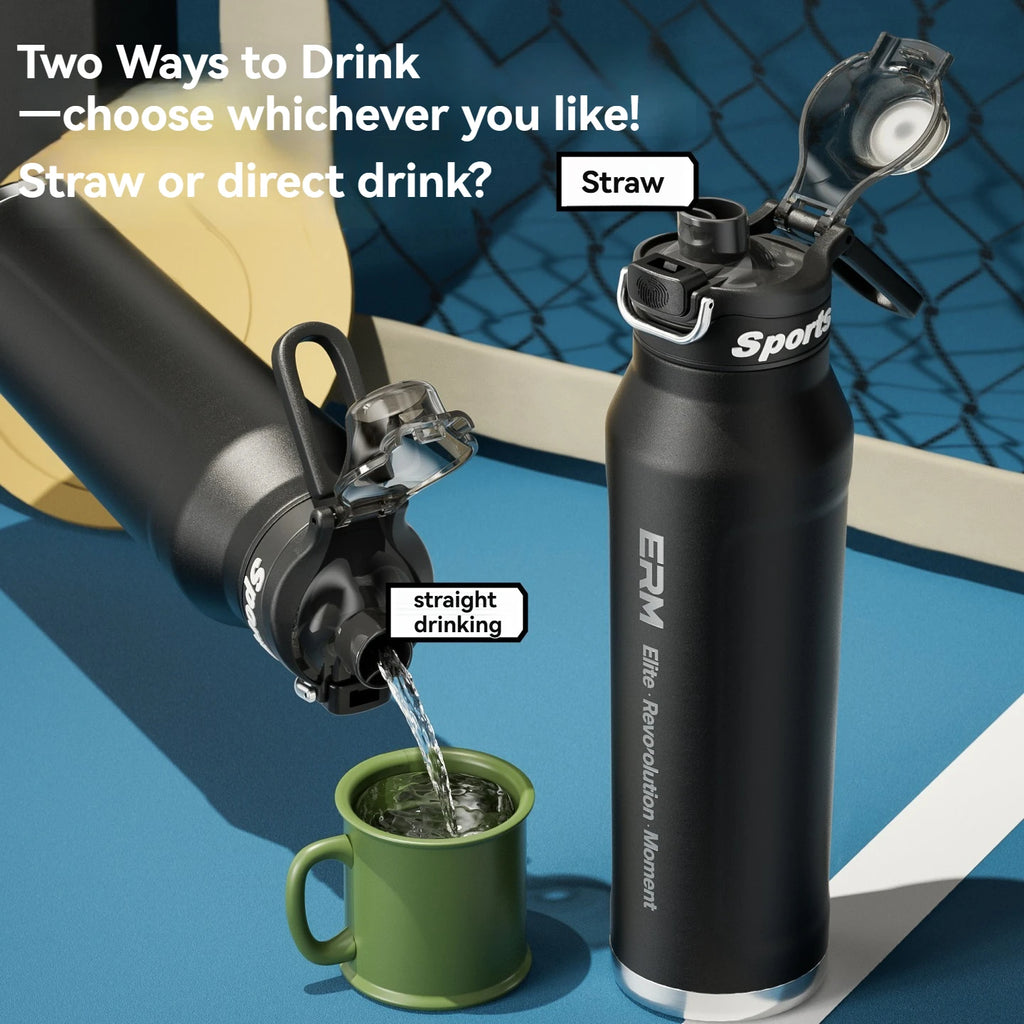 Botella de agua aislada de acero inoxidable, termo para ciclismo, para bebidas frías y calientes, de doble pared, portátil, con asa, taza deportiva para exteriores