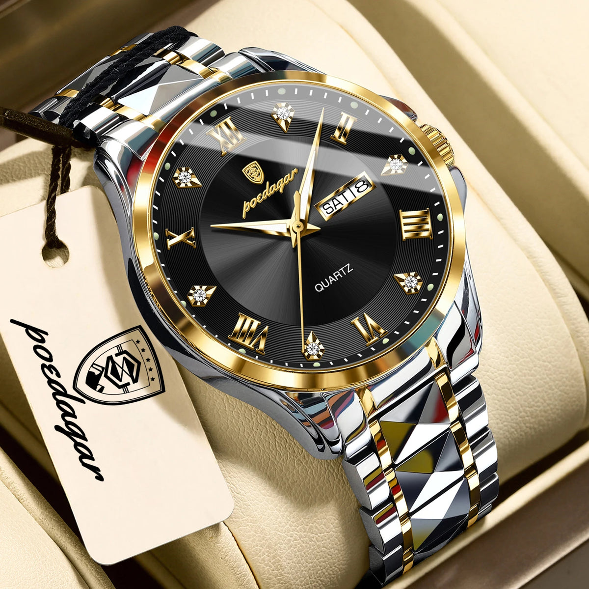 Reloj de pulsera para hombre de lujo POEDAGAR, resistente al agua, luminoso, con fecha y día, reloj de cuarzo de acero inoxidable para negocios, reloj para hombre.