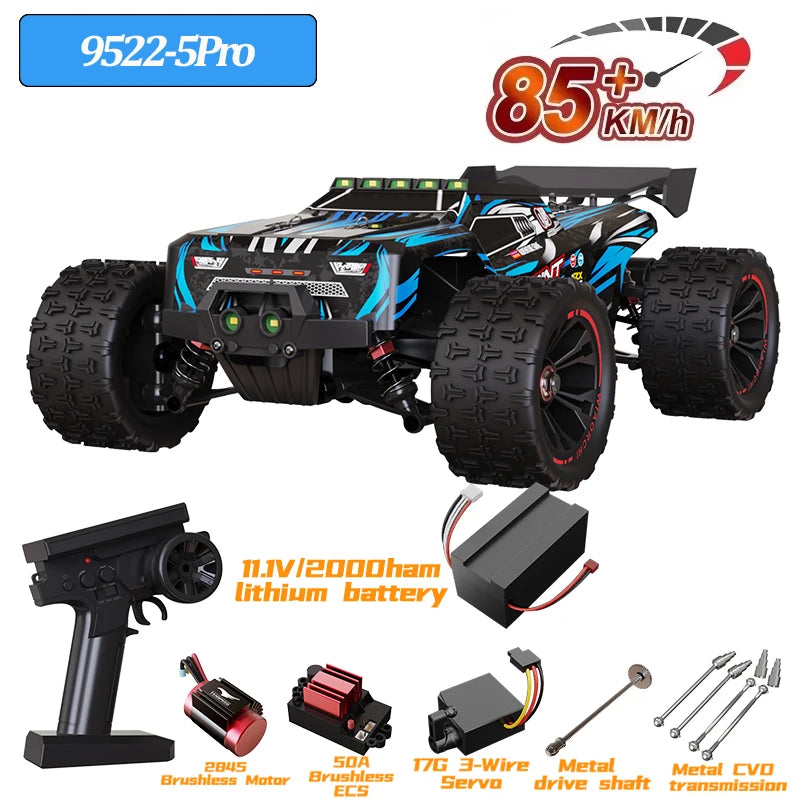 Coche RC 85 km/h azul y negro con neumáticos todoterreno; accesorios y baterías