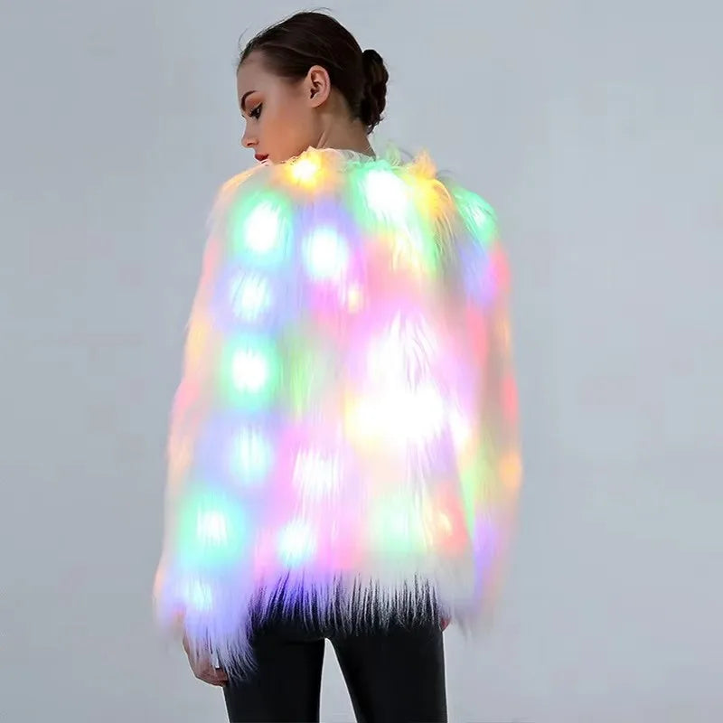 Abrigo de piel sintética para mujer, disfraces de Cosplay de San Valentín, chaleco con capucha cálido multicolor, chaqueta LED brillante, abrigo de baile de fiesta iluminado