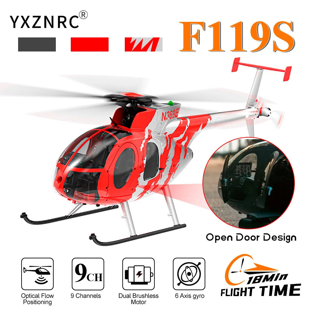 Helicóptero YUXIANG F119S(MD500) 9CH GPS 1/16 con Flujo Óptico + LiDAR TOF/Suspensión de Altitud, Doble Motor sin Escobillas, 350m, 18 Minutos de Vuelo, Avión RC