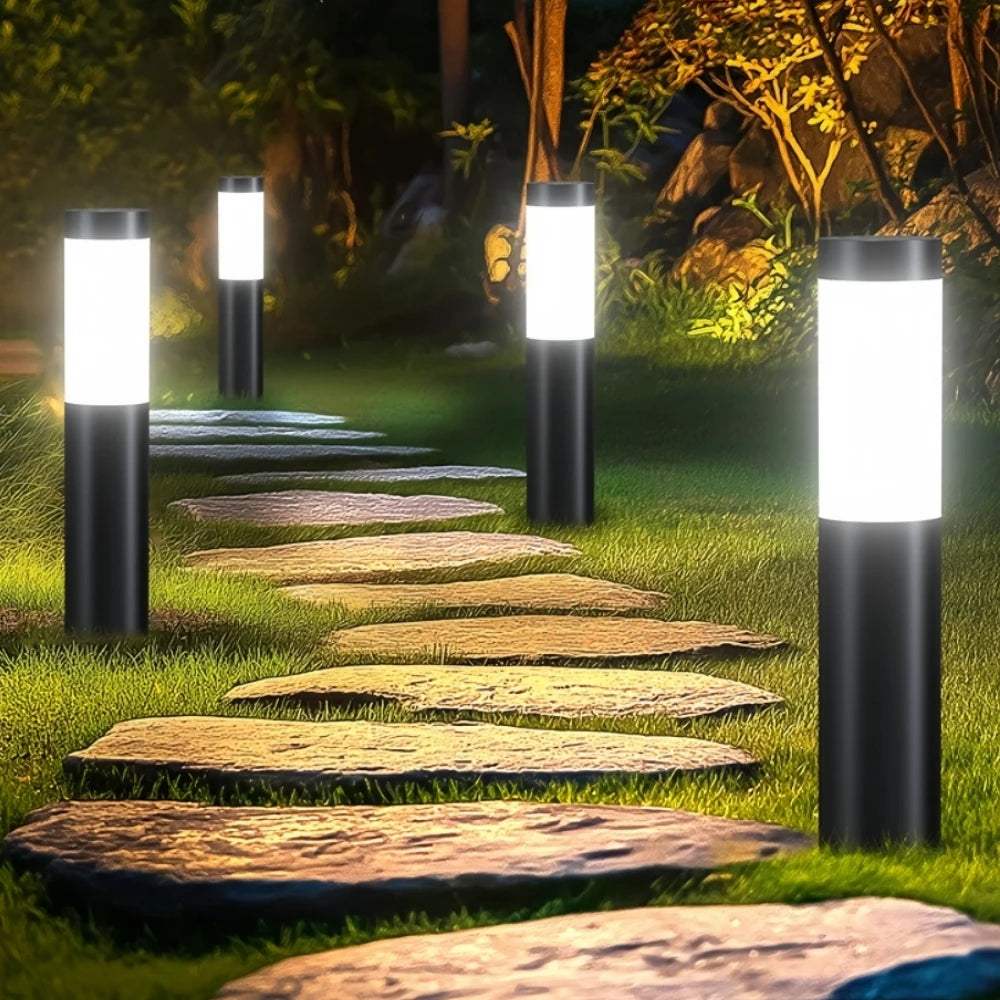 Luces LED solares modernas de acero inoxidable para senderos, lámparas cilíndricas mejoradas para patio, jardín, exteriores y decoración de pasillos
