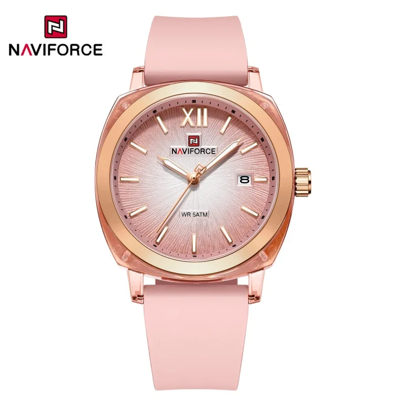 Reloj de cuarzo sencillo para mujer NAVIFORCE, reloj de pulsera informal para dama, con calendario, manecillas luminosas, correa de silicona y resistente al agua 5ATM