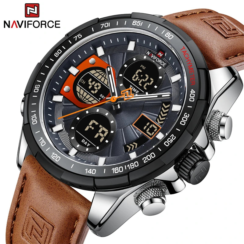 Relojes deportivos NAVIFORCE 2022 para hombre, resistentes, luminosos, de doble pantalla, cuarzo impermeable, correa de cuero genuino, Relogio Masculino