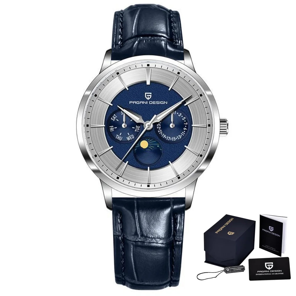 PAGANI DESIGN Brand 1795 Fashion Men Multi Functional Watch Moon Phase Date Stainless Steel Strap Week Sapphire Watches for Man