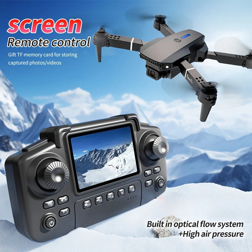 Dron plegable negro y mando con pantalla LCD, diseño compacto para control.