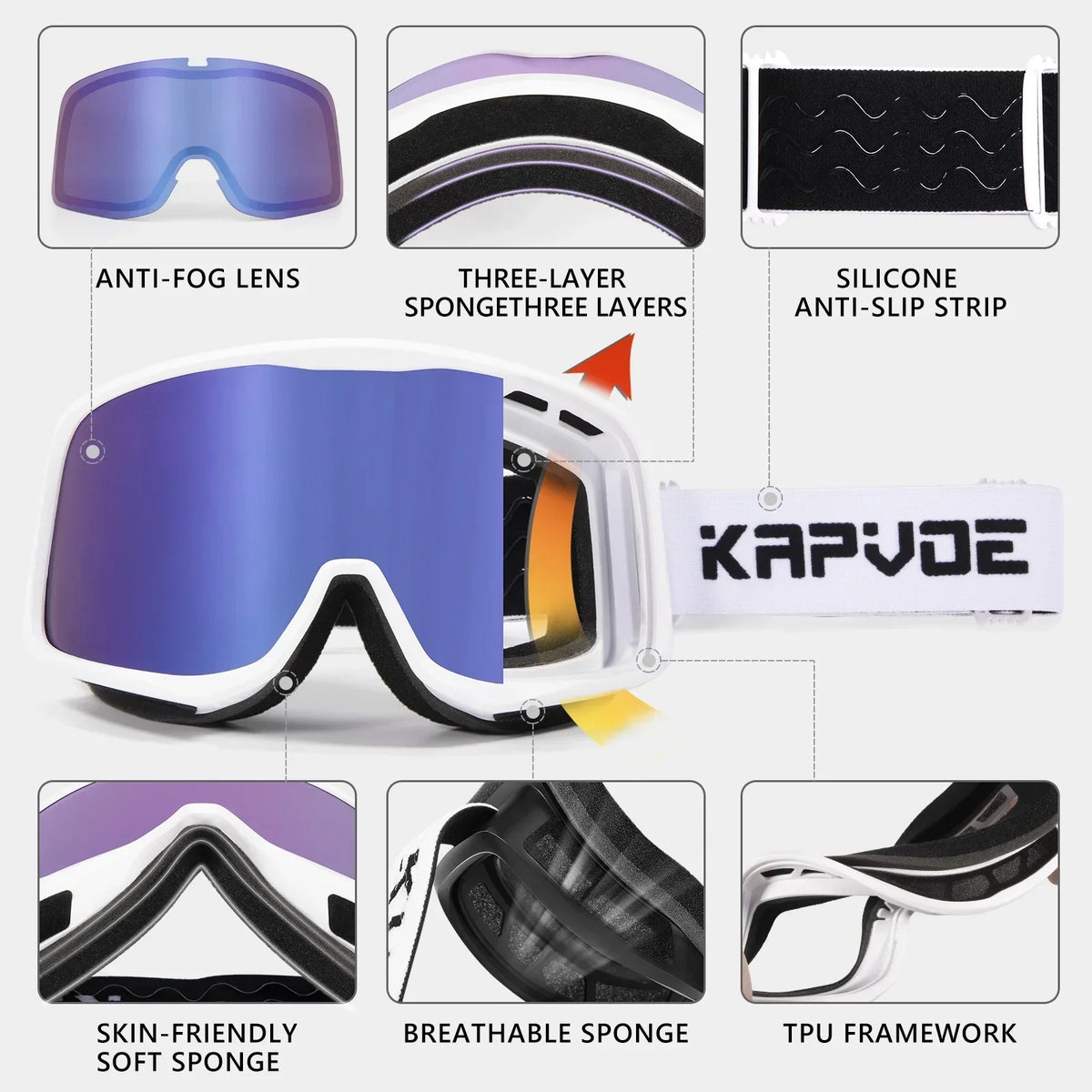 Gafas de Nieve Kapvoe UV400, Gafas de Sol para Esquí y Snowboard, Máscara de Esquí para Hombre y Mujer, Kit de Lentes Antivaho, Gafas de Protección para Moto de Nieve