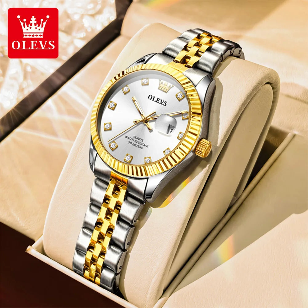 Reloj de mujer OLEVS tendencia moda plata acero inoxidable marca original reloj de pulsera gran fecha textura bisel roscado impermeable