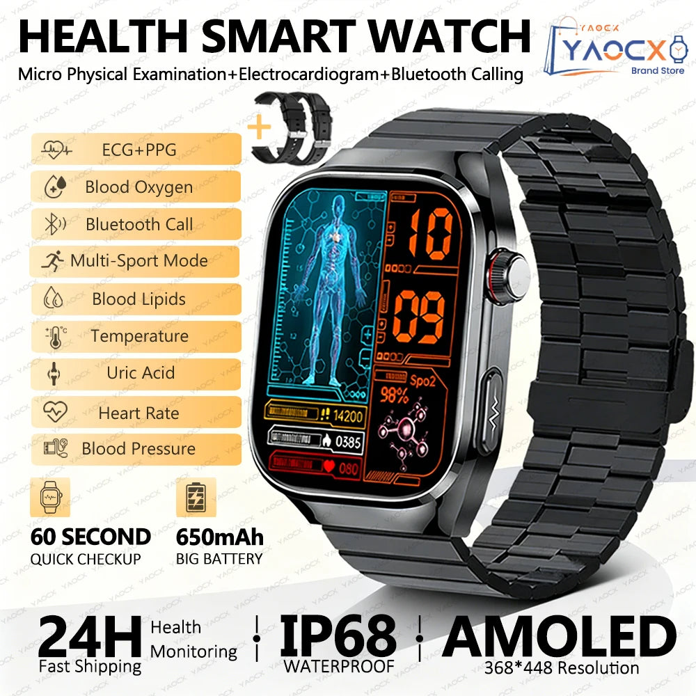 Reloj inteligente para hombre 2026, nuevo modelo con medición de ácido úrico y lípidos en sangre, ECG+PPG, presión arterial, frecuencia cardíaca, llamadas Bluetooth, reloj inteligente de salud