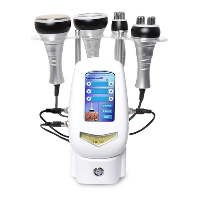 Dispositivo de belleza con tecnología de cavitación ultrasónica y múltiples sondas, que incluye masaje con vacío y funciones para el cuidado de la piel y la estética corporal.