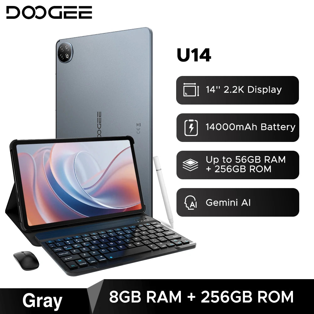 Tableta inteligente Doogee U14, Android, pantalla de 14 pulgadas y resolución 2.2K, 56 GB (8+48), 256 GB, batería de 14000 mAh, Wi-Fi 6, compatibilidad con Gemini AI y Widevine L1.