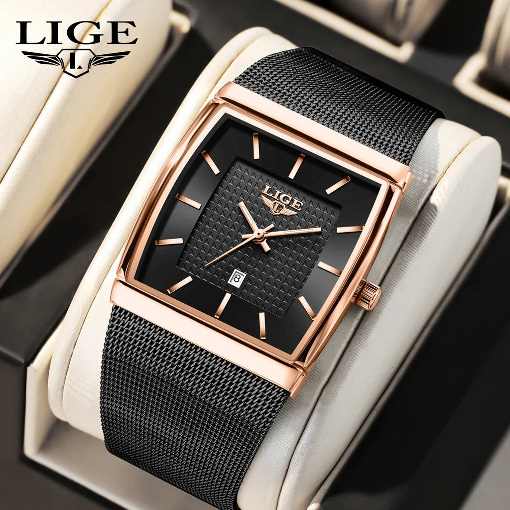 Relojes de lujo LIGE 2026 para hombre, moda, negocios, oro rosa, negro, ultrafinos, malla, resistentes al agua, luminosos, relojes de cuarzo para hombre