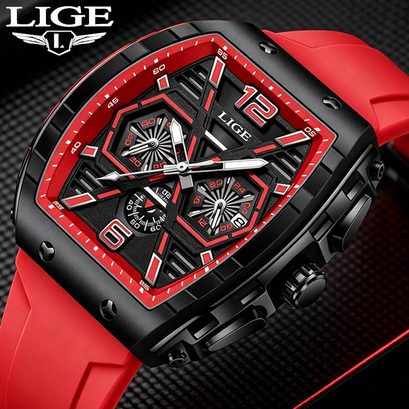 Reloj de pulsera LIGE para hombre, de cuarzo, cronógrafo deportivo, estilo casual, resistente al agua, con correa de silicona roja y caja tonel, Reloj Hombre